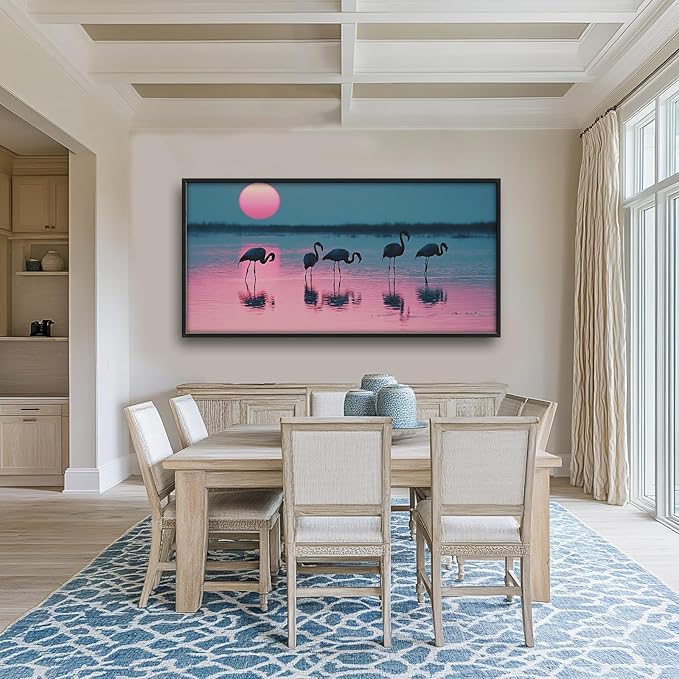 Olivine Flamingo Wall Art, Sunset Pictures Wall Decor, Beach Painting, Tropical Animal Canvas Prints, Framed Artwork for Bathroom Bedroom Living Room Office Home Decoration 60"x30"