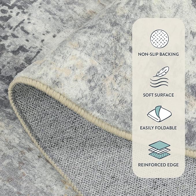 Lahome Modern Abstract Round Rug - 3Ft Small Washable Kitchen Round Area Rug Bedroom 3x3 Circle Mat, Soft Low Pile Non Slip Indoor Throw Carpet for Cabinet Bathroom Home Office, Grey