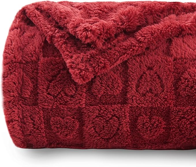 NEWCOSPLAY Super Soft Queen Blanket Red Premium Silky Flannel Fleece 3D Heart Checkered Lightweight Bed Blanket All Season Use (Red Heart, Queen(90"x90"))