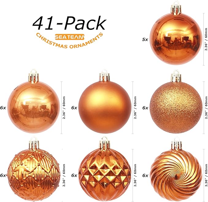 Sea Team 41-Pack Christmas Ball Ornaments with Strings, 60mm/2.36-Inch Small Size Baubles, Shatterproof Plastic Christmas Bulbs, Hanging Decorations for Xmas Tree, Holiday, Wedding, Party, Orange