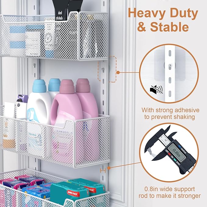 Over The Door Organizer, Metal Door Organizer Hanging with 5 Adjustable Baskets and Coat Hook, Behind The Door Storage for Bedroom Closet Bathroom Pantry Cabinet Kitchen, White