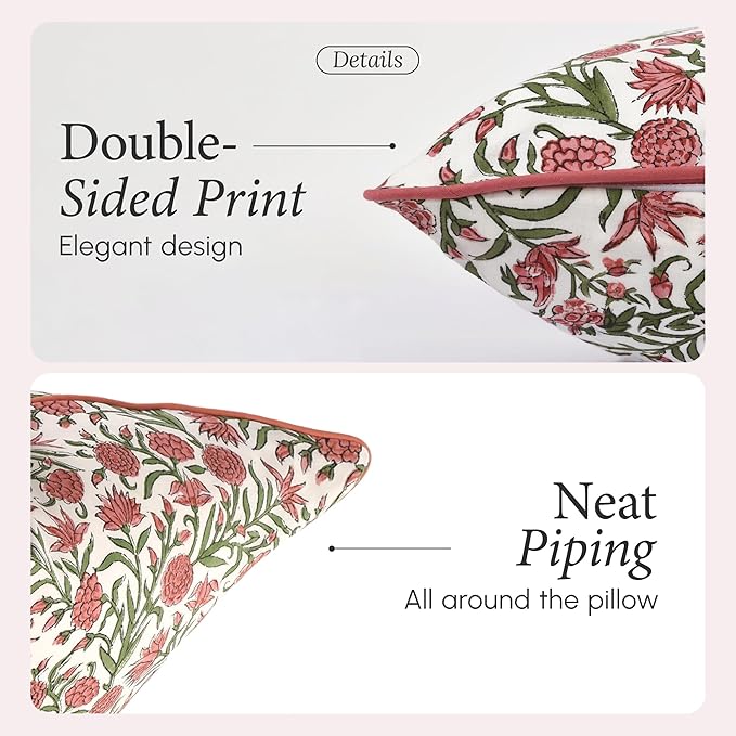 CPC 100% Cotton Throw Pillow Covers 24x24 Inch, Set of 2 Red Block Print Pattern Couch Pillow, Cute Boho Decorative Pillows for Living Room, Bedroom with Hidden Zipper- Red Garnet