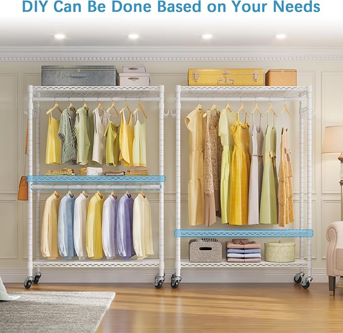 VIPEK R2 Plus Rolling Garment Rack 3 Tiers Adjustable Wire Shelving Clothes Racks with Wheels, Freestanding Wardrobe Storage Rack Heavy Duty Metal Clothing Racks for Hanging Clothes, White