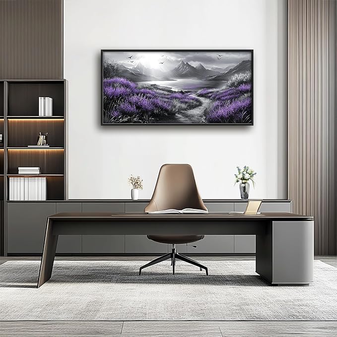 Olivine Large Wall Art, Landscape Pictures Wall Decor, Black And White Mountain Painting, Purple Nature Scenery Canvas Prints, Framed Artwork for Living Room Bedroom Bathroom Office Home 60"x30"