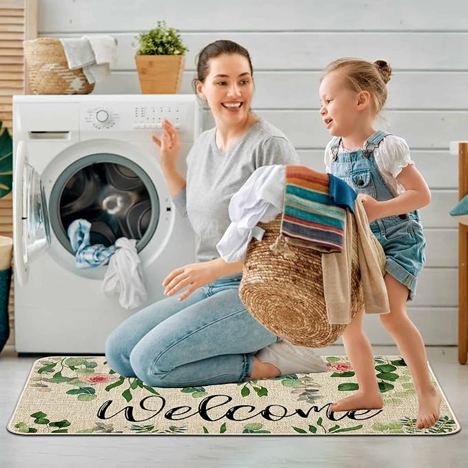 ORTIGIA Welcome Outdoor Doormat Indoor Patio Spring Eucalyptus Leaves Door Mats Non-Slip Durable Entrance Mat for Home Entrance, Outside Entry, Yard, Floor, Patio 17x36INCH