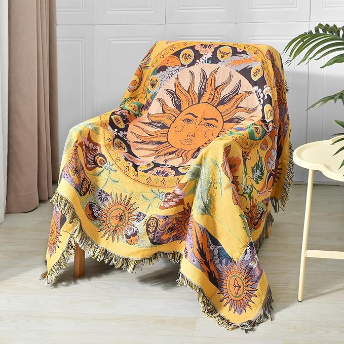 Boho Throw Blanket Reversible Cotton Bohemian Tapestry Hippie Room Decor Outdoor Blanket Double Sided (National Sun Pattern Yellow 50"x60")