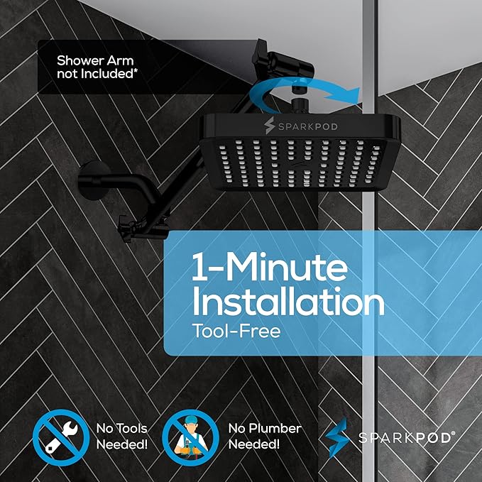 SparkPod Shower Head - High Pressure Rain - Premium Quality Luxury Design - 1-Min Install - Easy Clean Adjustable Replacement for Your Bathroom Shower Heads (Midnight Black Matte, 6 Inch Square)