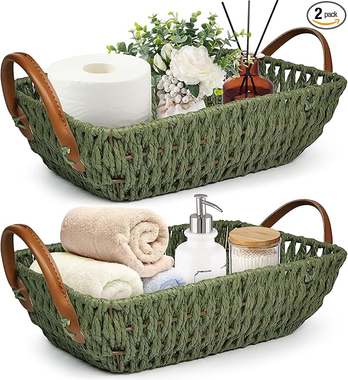 Paper Rope Woven Toilet Paper Basket, Small Wicker Storage Baskets for Organizing with Handles, Bedroom Decor Baskets Toilet Tank Shelf Storage Bins (Set of 2, Green)