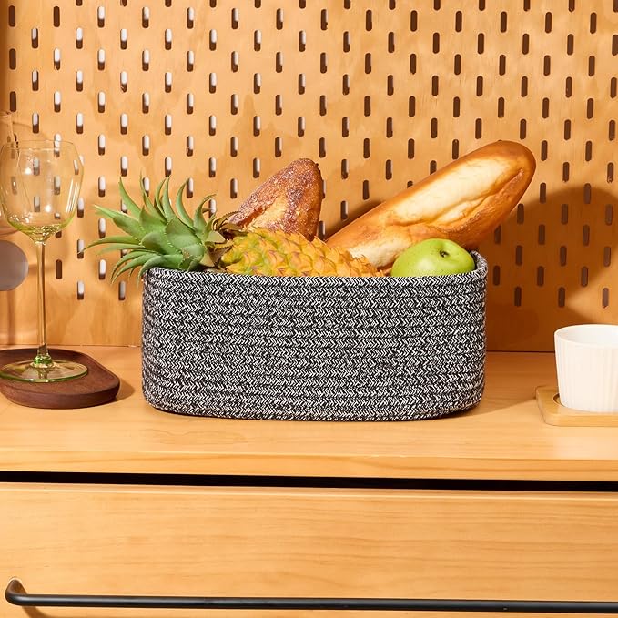 Small Storage Baskets for Organizing | Closet Organizer Bins | Shelf Toy Basket | Woven Rope Baskets | Cube Decorative Box | Shallow Basket | 11.5x7.5x4.7” | 3 Packs Dark Gray