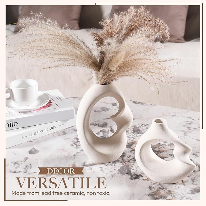 Set of 2 Romantic Hollow Ceramic Vases for Home Decor – Modern Minimalist Romantic Flower Vase for Pampas Grass Perfect for Entryway, Coffee Table, Living Room, Dining Table, Shelf Decor