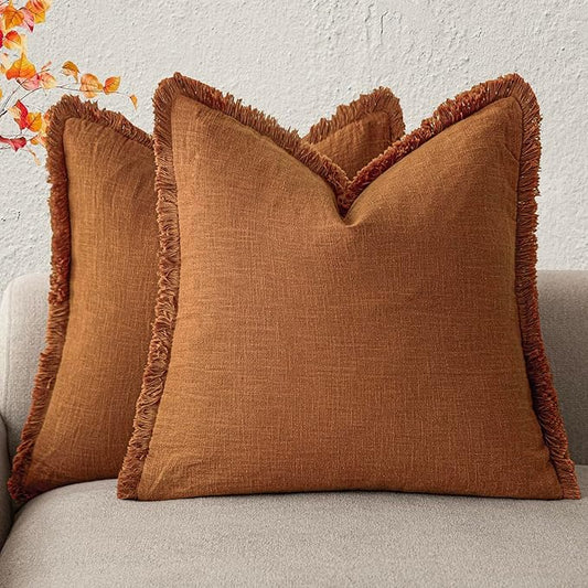 Foindtower Set of 2 Decorative Linen Fringe Throw Pillow Covers Cozy Boho Farmhouse Cushion Cover with Tassels Soft Accent Pillowcase for Couch Sofa Bed Living Room Home Decor, 20×20 Inch, Orange