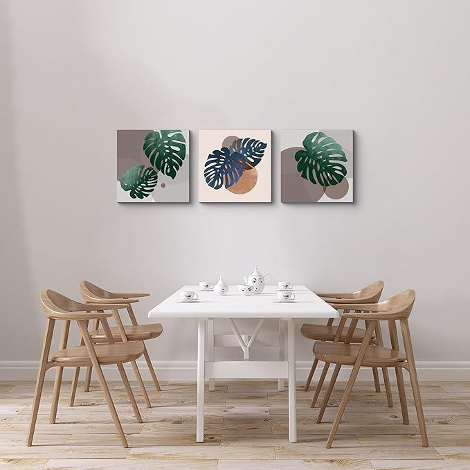 NAN Wind 3Pcs Tropical Leaf Wall Art Palm Frond and Foliage Canvas Print with Bold Orange Teal Yellow Shapes Mid-Century Modern Botanical Plant Pictures for Boho Living Room Bedroom Office Wall Decor