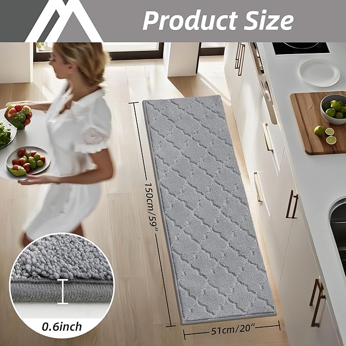 COSY HOMEER Soft Kitchen Floor Mats for in Front of Sink Super Absorbent Rugs and 20"x59" Non-Skid Mat Standing Washable,Polyester,Grey