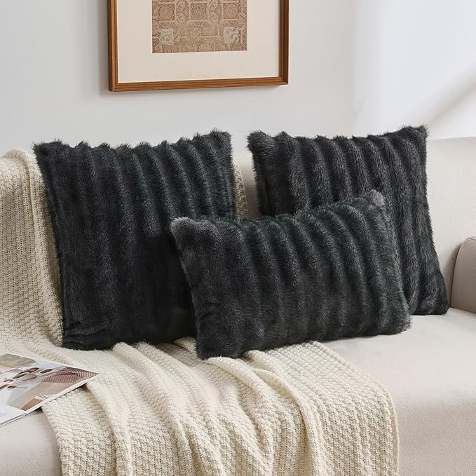 FUTEI Dark Grey Pink Decorative Throw Pillow Covers 22x22 Inch Set of 2,Soft Fluffy Faux Mink Fur Dyeing Striped Textured Cushion Case,Modern Home Decor for Couch Bed Living Room