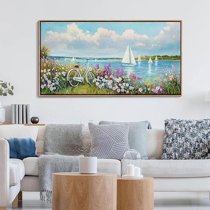 Pogusmavi Coastal Sailboat Wall Art Beach Pictures Landscape Flower Farmhouse Blue Paintings for Living Room Bedroom Decor Large Canvas Artwork Framed Prints Coastal Wall Art Prints20×40IN