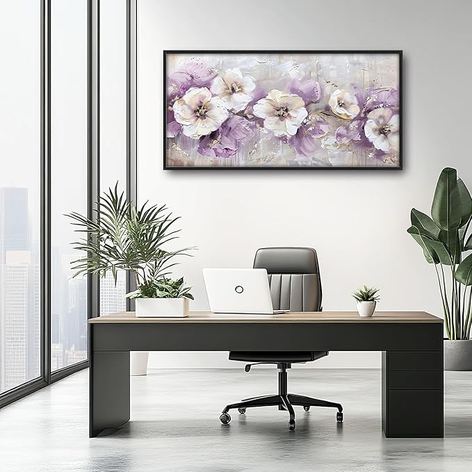 Large Wall Art for Living Room Framed, Purple Flower Wall Decor Pictures, Abstract Floral Canvas Print Painting, Aesthetic Artwork Bedroom Office Home Decor 60"x30"