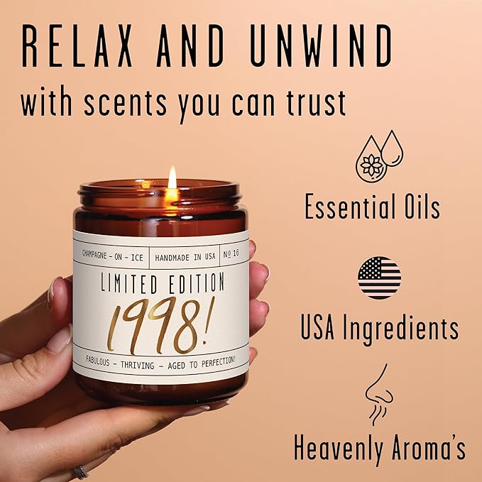 27th Birthday Gifts for Women - 'Limited Edition 1998' Soy Candle, w/Champagne on Ice I 27 Birthday Gifts for Women I 27th Gift for Her Ideas I 9oz Reusable Jar, 50Hr Burn, Made in USA