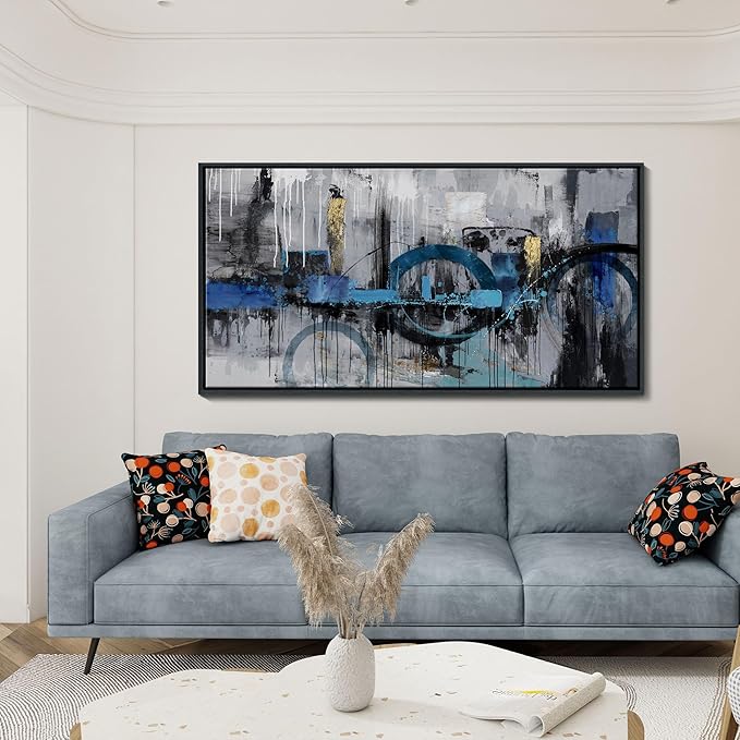 KLAKLA Large Abstract Wall Art Canvas - Blue and Gray Lnk Style Gold City Scenes Wall Decor Living Room Bedroom Decoration Black Frame Picture Artwork for Wall Modern Landscape Wall Decor