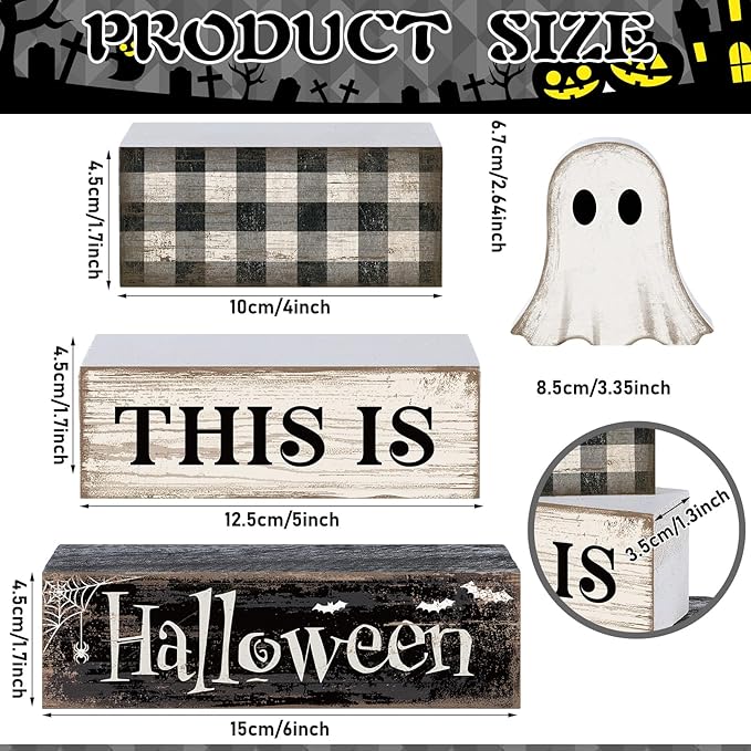 4 Pcs Ghost Halloween Decor Black and White Halloween Tiered Tray Decor Ghost Table Centerpiece Decorations Rustic Wooden Block Sign Gift for Home Shelf Kitchen Coffee Bar