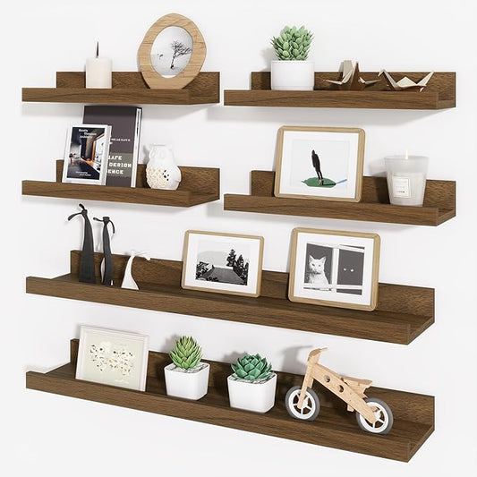 Axeman Picture Ledge Shelf, Floating Shelves for Wall Decor Storage Set of 6, 24 inch Floating Wall Mounted Shelves, Wall Shelves with Lip for Living Room, Bedroom, Nursery, Bathroom, Kitchen, Walnut