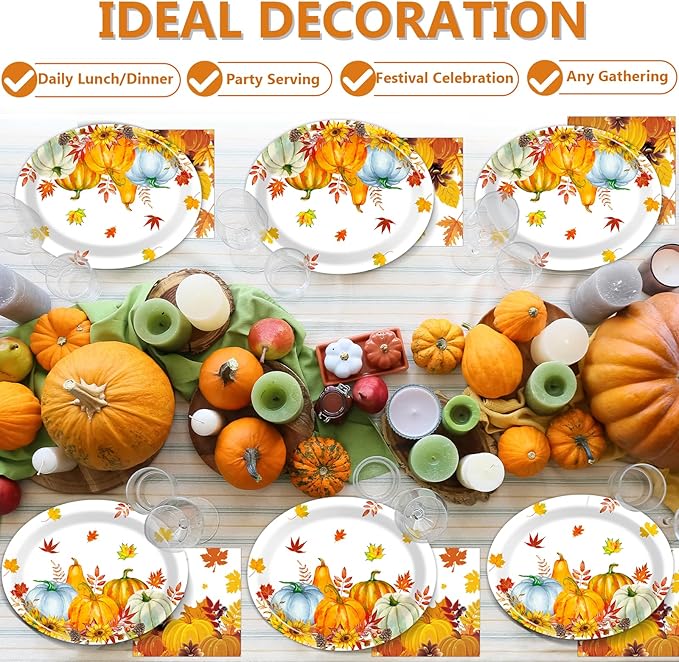 Fall Thanksgiving Party Oval Paper Plates 11inch Large Watercolor Maple Leaves Plates and Napkins, Pumpkin Party Decoration Favor Dish Tray for Autumn Holiday Gathering Supplies Tableware, 25 Guest