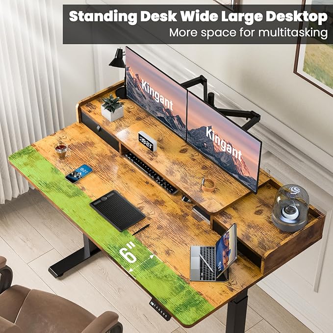 Kingant 55 x 30 Inch Standing Desk with Drawers, Adjustable Height Electric Sit Stand Desk with Storage Shelf, Rising Stand Up Computer Desk for Home Office Workstation, 3 Preset Heights