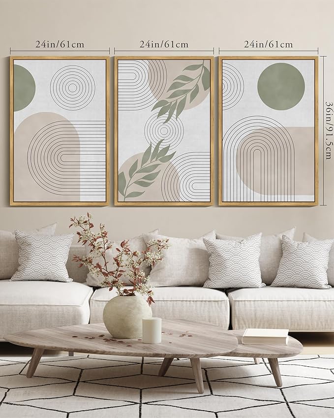 KUVIOKE Green Boho Framed Wall Art Modern Botanical Wall Printing Neutral Geometric Prints Bohemain Sage Decor Ready to Hang 24x36in (Natural Framed)