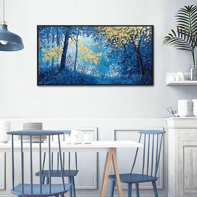 Blue and Gold Canvas Wall Art - Forest Bedroom Wall Art - Tree Wall Pictures for Living Room, Office, or Bedroom - Nature Landscape Canvas Decor Framed Painting 20×40IN