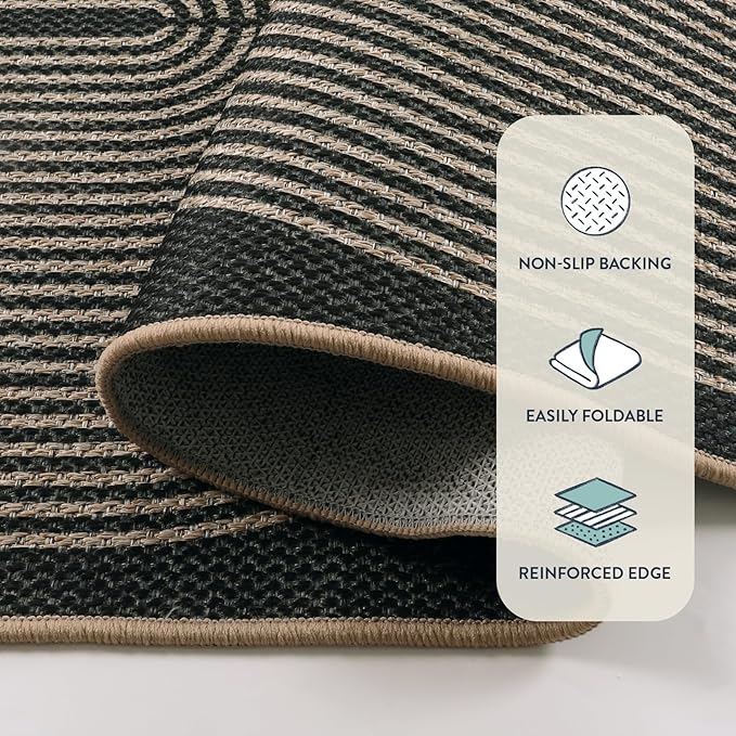 Lahome Modern Rainbow Easy Jute Outdoor Carpet, Washable Rugs 9x12 for Living Room Patio Large Farmhouse Indoor Outdoor Carpet, Contemporary Black Dining Room Rugs for Under Table Office Backyard