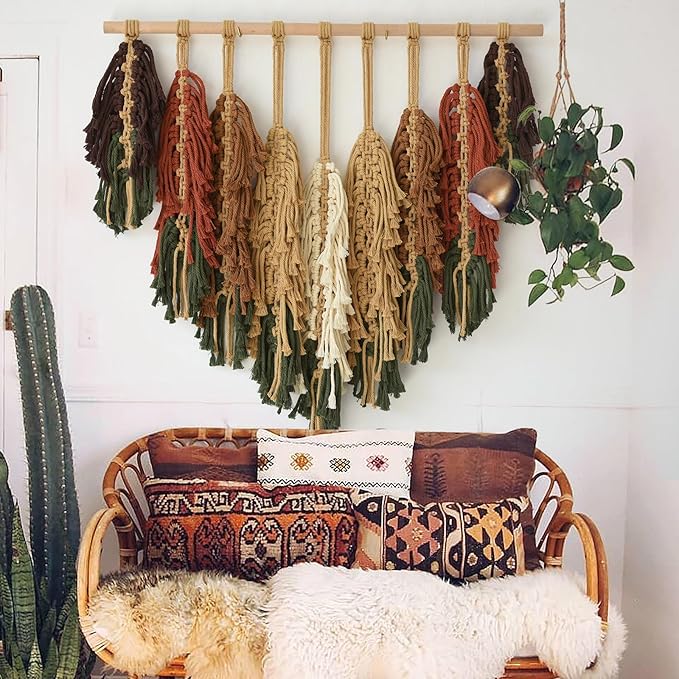Macrame Wall Hanging with Handmade Woven Leaves Boho Feather Tapestry for Modern Apartment, Chic Dorm Decor, Cozy Bedroom or Nursery Wall Art, Leaf Wall Decor for Living Room Backdrop27" Wx26" L