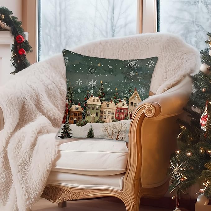 Winter Decorative Rectangle Pillow Cover 20 x 20, Wonderland Forest House Snowflake Vintage Porch Outdoor Pillowcase, Christmas Holiday Seasonal Farmhouse Cushion Case Home Decor