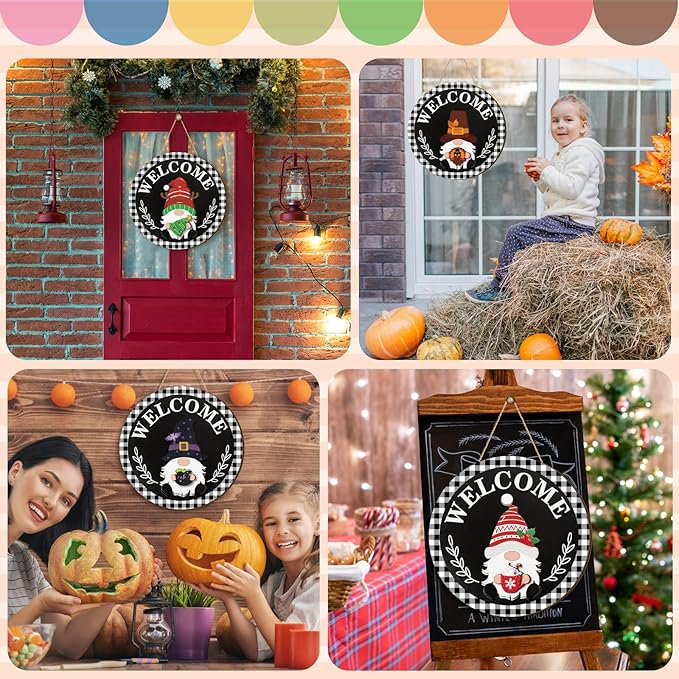 Qunclay Interchangeable Wooden Gnome Decor Holiday Seasonal Gnome Decorations with Magnet Pieces and Detachable Hats Changeable Welcome Sign for Home(Trendy Style)