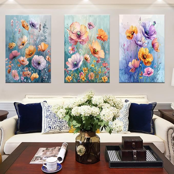 Flower Canvas Print Wall Art Home Decor Modern Colorful Wildflowers Large Size Posters Plant Theme Picture Painting Artwork for Living Room Gym Office Wall Decoration Ready to Hang [72''W x 36''H]