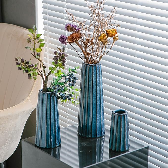 Blue Ceramic Vases - 3 Small Ribbed Vase for Flowers, Modern Minimalist Home Decor, Decorative Pottery Glazed Vase for Bookshelf, Fireplaces and Entryway Decor, Centerpieces for Dining Table