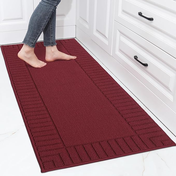 BEQHAUSE-Kitchen-Rugs-and-Mats Non Skid Washable Kitchen Mats for Floor Red Kitchen Rug Polypropylene Kitchen Mat with TPR Backing 24”x60”