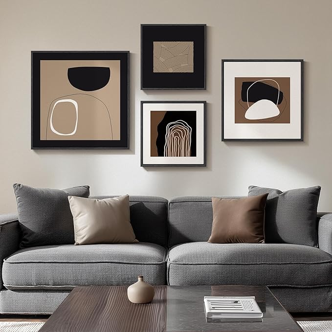 Framed Neutral Abstract Wall Art for Living Room, 4 Piece Modern Black Brown Geometric Canvas Paintings Artwork for Walls-Minimalist Pictures for Hallway Dining Room Bedroom Office Wall Decor