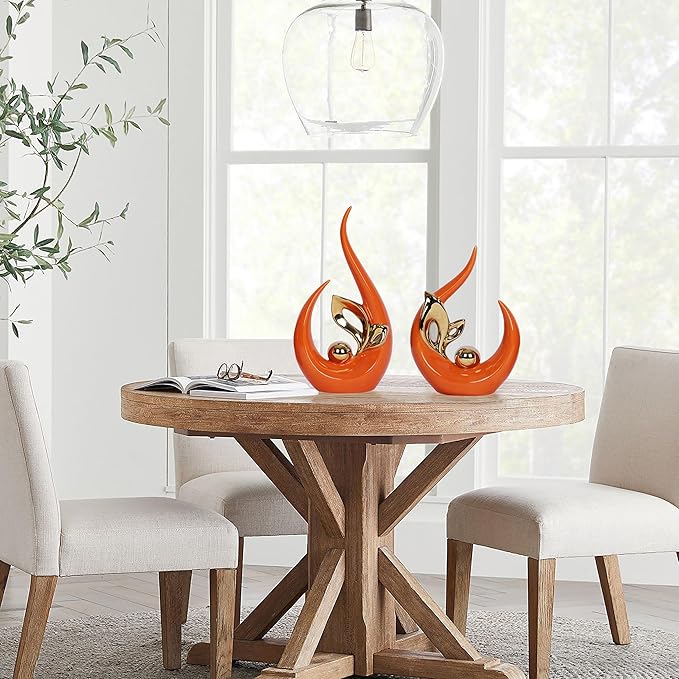 2 PCS Orange & Gold Mid Century Modern Decor Ceramic Statue - Dining Table Decorations & Centerpieces for Tables, Entryway, Kitchen, Shelf, Bookshelf