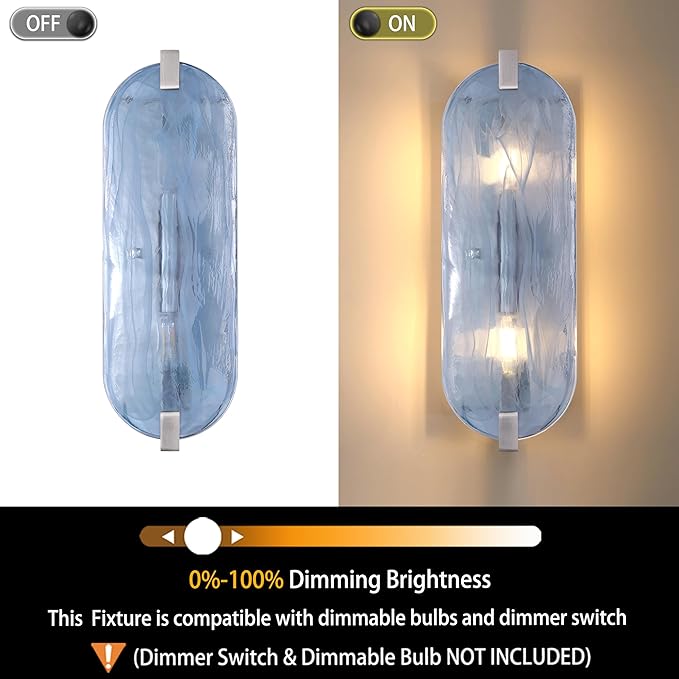 2 Pack 2 Light Oval Blue Glass Bathroom Wall Sconce Modern Concise Style Wall Light Fixture,Brushed Nickel Finish for Bedroom Hallway Bedside