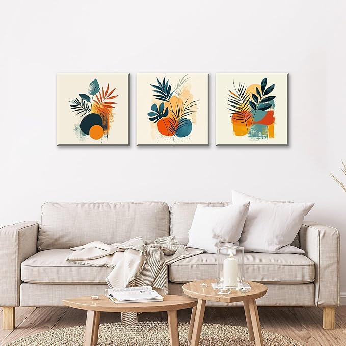 NAN Wind 3Pcs Modern Abstract Botanical Canvas Wall Art Colorful Leaf Prints Contemporary Floral Art for Living Room Minimalist Plant Decor Geometric Canvas Set Ready to Hang for Home Decor