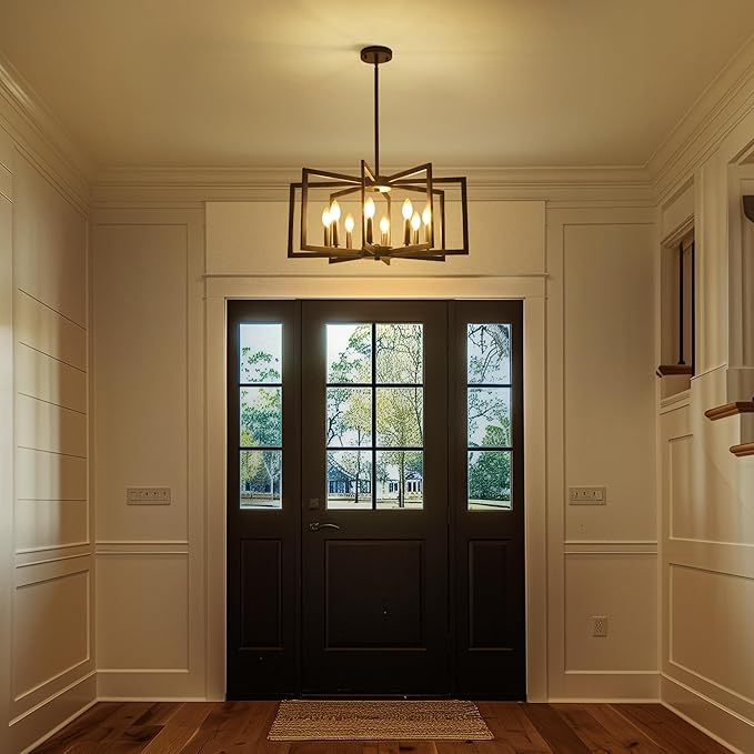 8-Light Modern Farmhouse Black Geometric Chandelier, Adjustable Height Dining Room Light Fixtures Over Table, Large Industrial Metal Chandeliers for Dining Room Kitchen Island Entryway