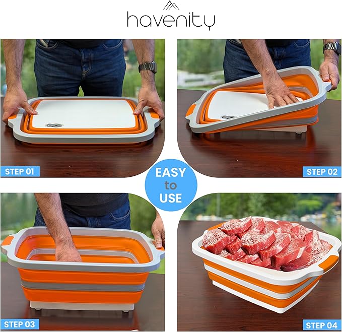 BBQ Prep Tub, 8L Multifunctional Camping Cutting Board with lid, Meat Prep Tub for Meal Prep Marinating Food, Tailgate Container with Lid, Collapsible Food Storage Containers (Large)