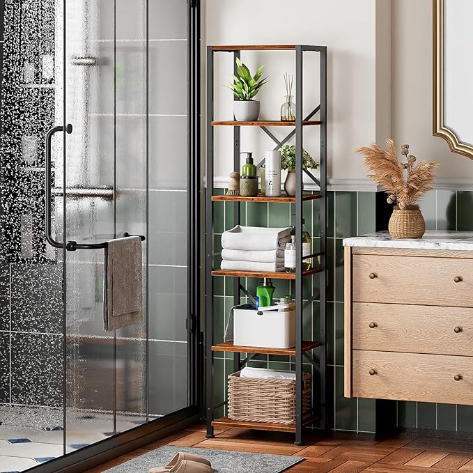 Furologee 6 Tier Tall Bookshelf, Industrial Narrow Bookcase, Display Standing Shelf Units, Metal and Wood Storage Rack Organizer for Living Room, Home Office, Entryway, Kitchen, Rustic Brown