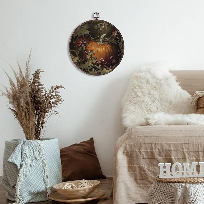 XNXLDYLH Vintage Fall Pumpkin Round Framed Wall Art Decor, Dark Cottagecore Antique Hanging Wall Decor Decorations, Dark Academia Fall Autumn Canvas Prints Wall Art Paintings for Living Room, 10x10In