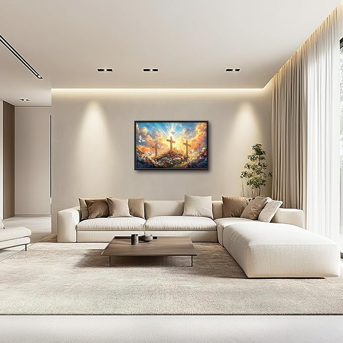 Framed Large Christian Jesus Wall Art, Oversized Floral Dove Wall Decor for Living Room, Landscape Canvas Painting Peaceful Pictures Modern Artwork for Living Room Bedroom Office 36"x24"