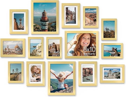 Vittanly 15 Pack Picture Frames Collage Wall Decor for Mounting or Tabletop Display, Gallery Frame Set for Family, Multi Sizes Including 3pcs 8x10, 6pcs 5x7, 6pcs 4x6, Gold