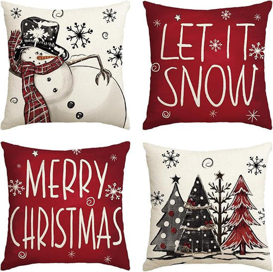 AVOIN colorlife Merry Christmas Snowman Let It Snow Throw Pillow Covers, 16 x 16 Inch Xmas Tree Winter Holiday Cushion Case Decoration for Sofa Couch Set of 4