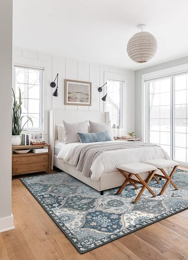 Lahome Moroccan Trellis Washable Area Rug, 5x7 Rugs for Living Room Bedroom, Indoor Non-Slip Oriental Accent Throw Large Carpet for Kitchen Entryway Bathroom Office, Blue