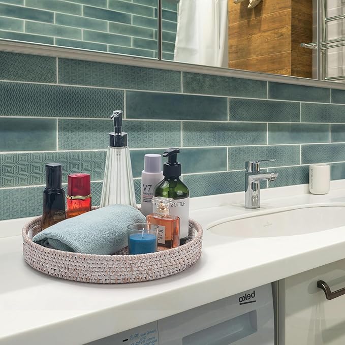 11.8 inch Round Rattan Tray, Decorative Coffee Table Trays, Ottoman Tray, Woven Serving Tray with Handles, Wicker Serving Basket, Whitewash