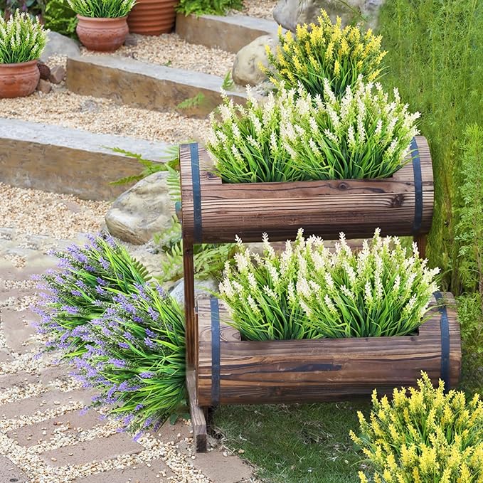 Artificial Plants for Outdoors, 10 Bundles Fake Monkey Grass with White Spring Flowers, Faux Plants Outdoor UV Resistant Realistic Greenery for Garden Window Patio Hanging Porch Home Decoration