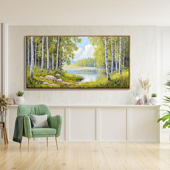 Forest & Mountain Wall Art Green Framed Nature Landscape Pictures for Living Room, Bedroom & Office Large Paintings Wall Decor Tree, Lake, and Mountain Artwork for Wall Decor 29x58IN